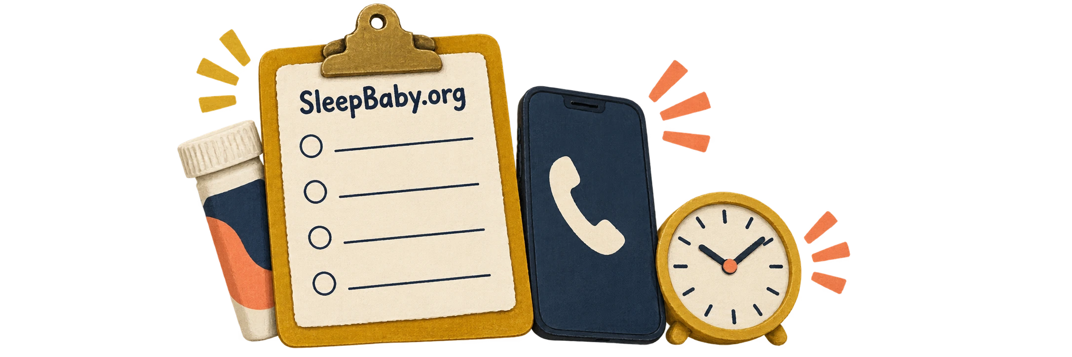 Phone, call sheet, antacid tube and clock in gold and navy.