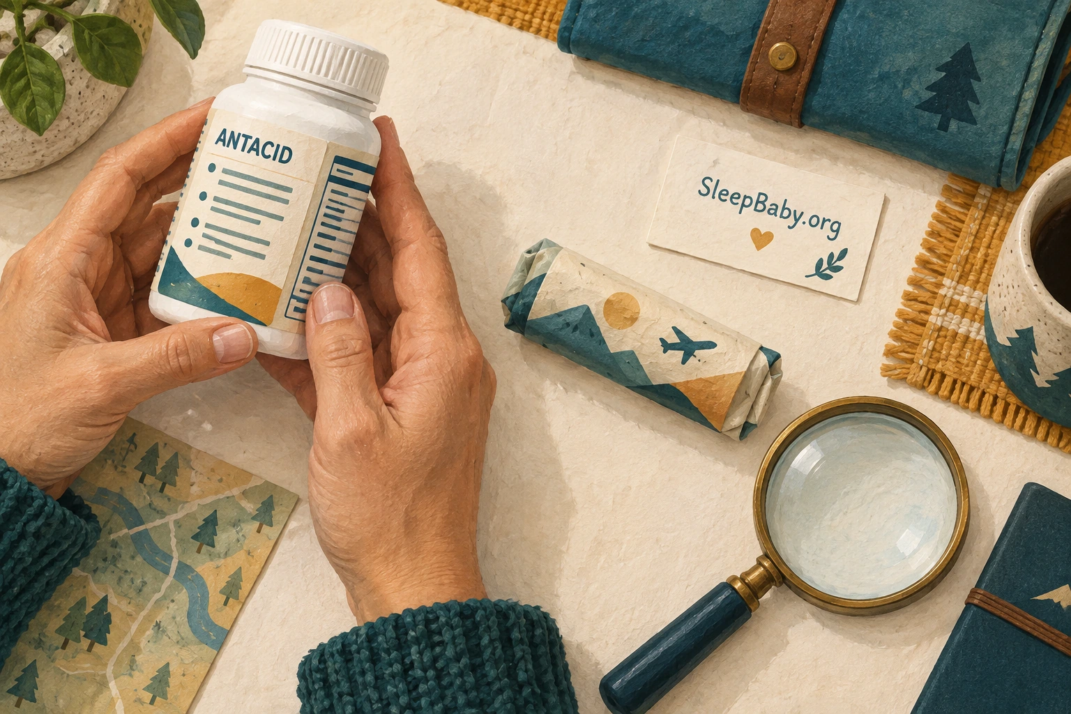 Adult hands inspect an antacid bottle beside a wrapped travel pack and magnifier.