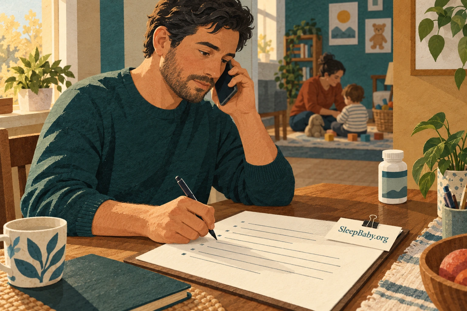 A father records advice during a phone call while another adult supervises a toddler.