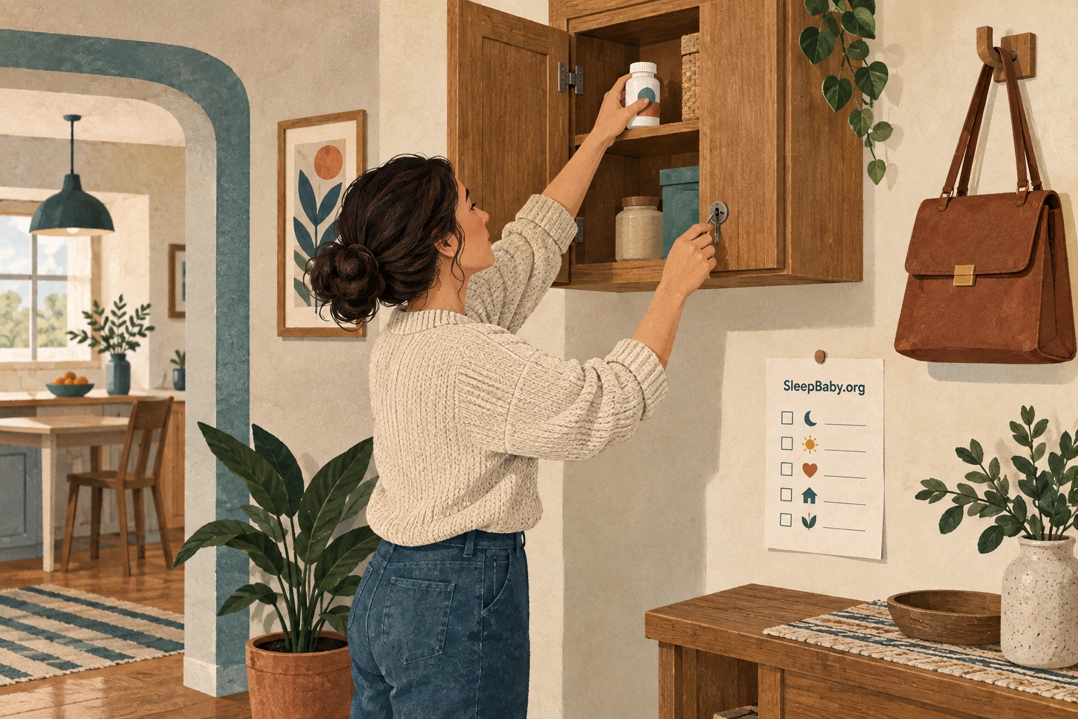 An adult places a closed medicine bottle in a high cabinet with a key lock.
