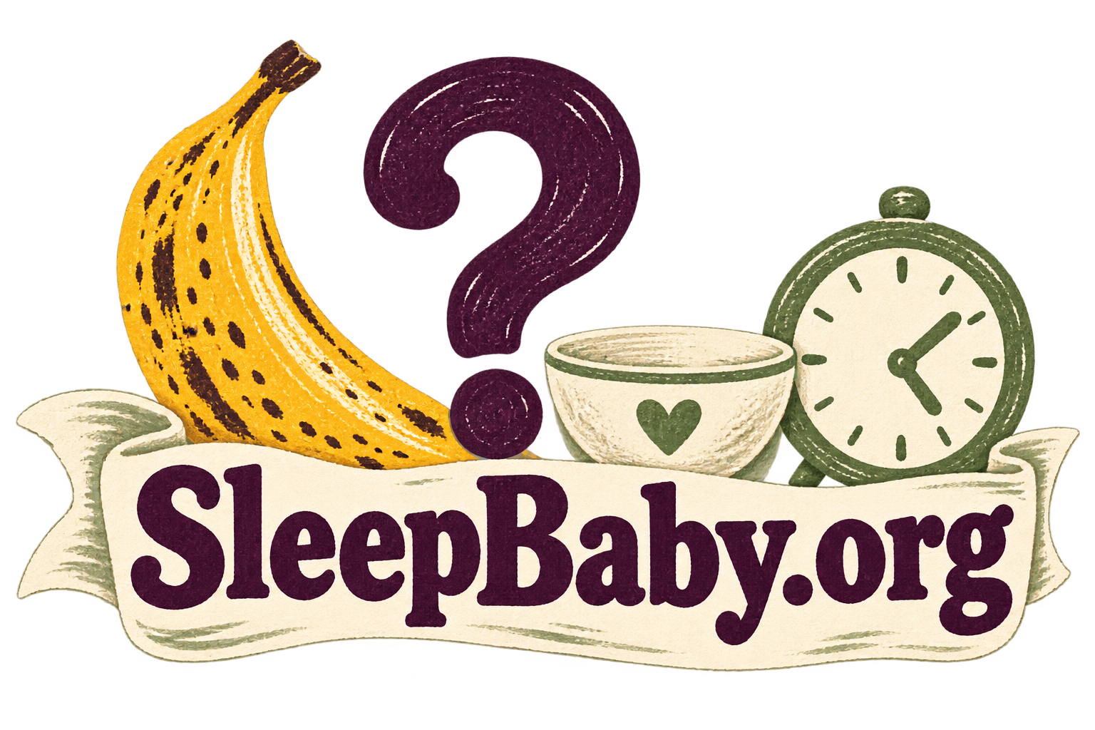 A banana, question mark, bowl and clock rise above an ivory branded ribbon.