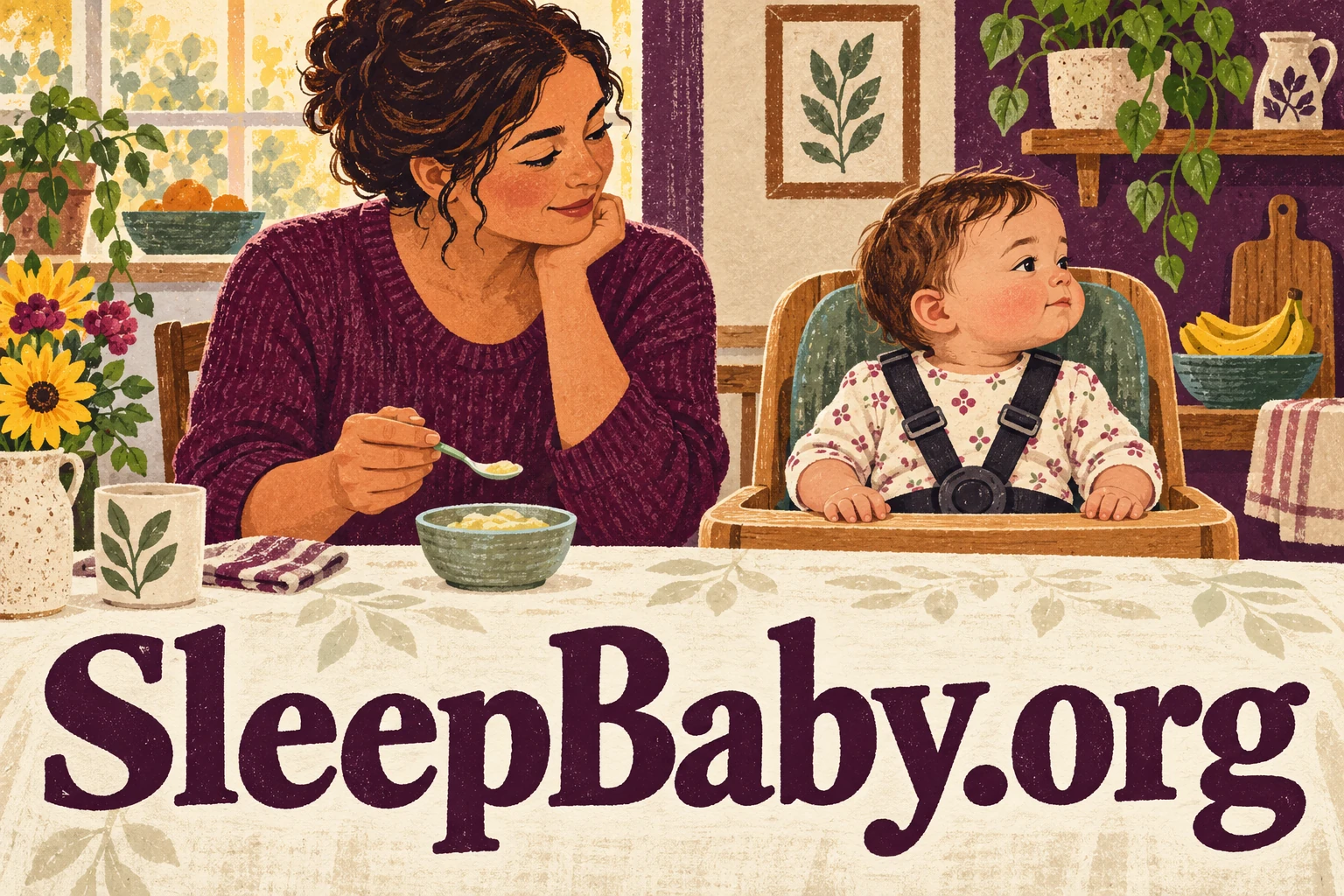An attentive caregiver lowers a spoon while an upright baby turns away.