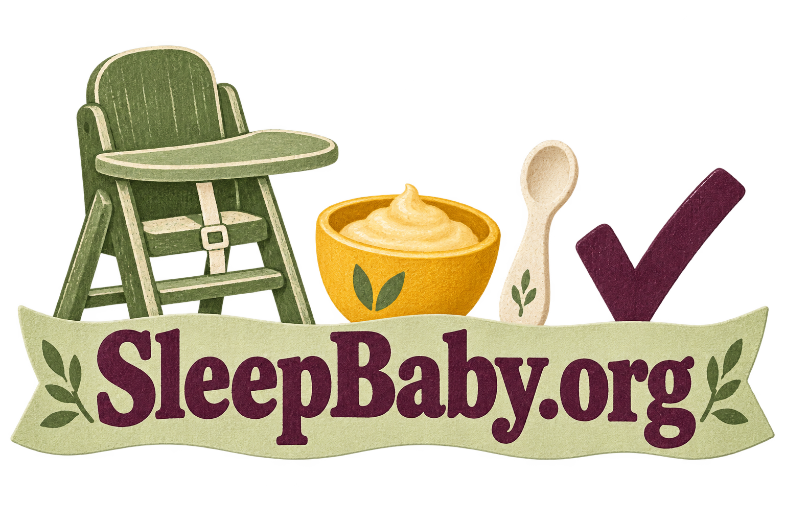 A highchair, bowl of mash, spoon and checkmark sit behind a sage branded ribbon.