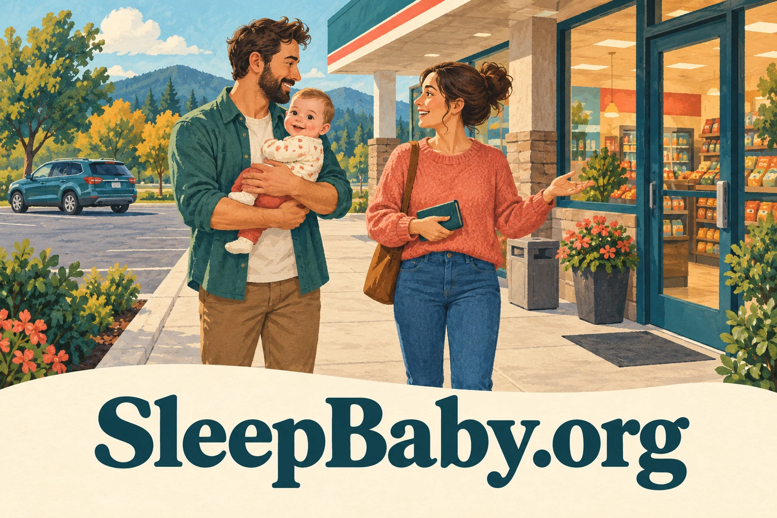 Two adults talk outside a station shop while one securely holds an awake baby.
