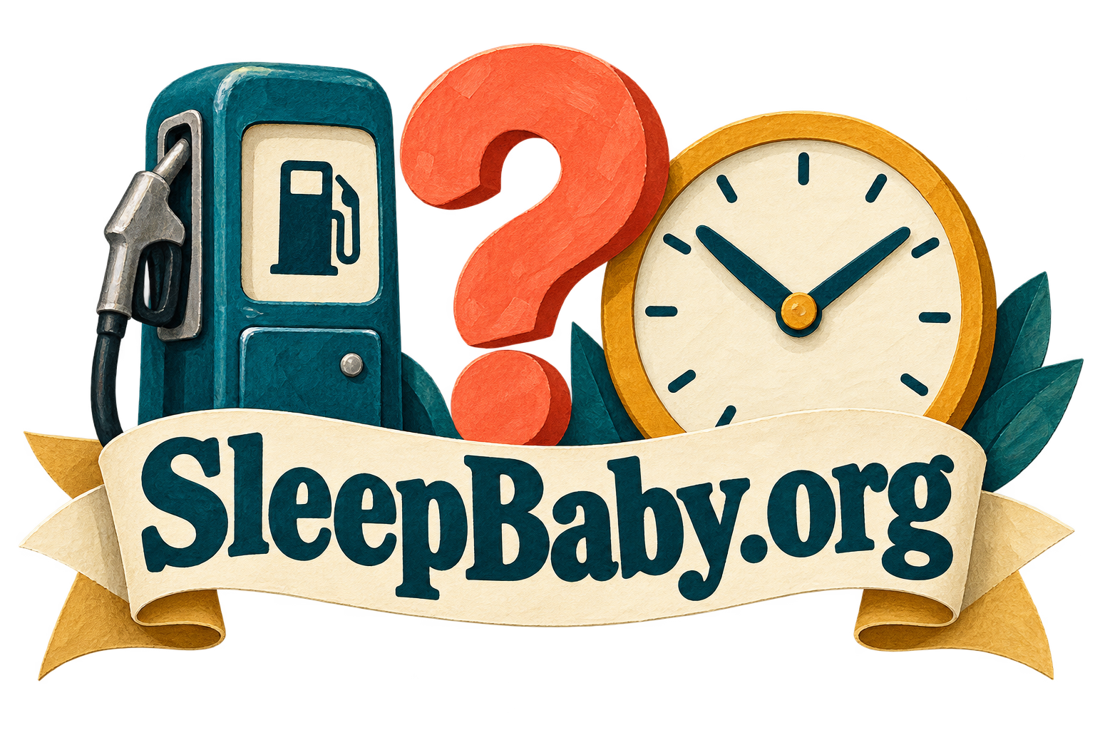 A gas pump, question mark and clock sit behind a branded cream ribbon.