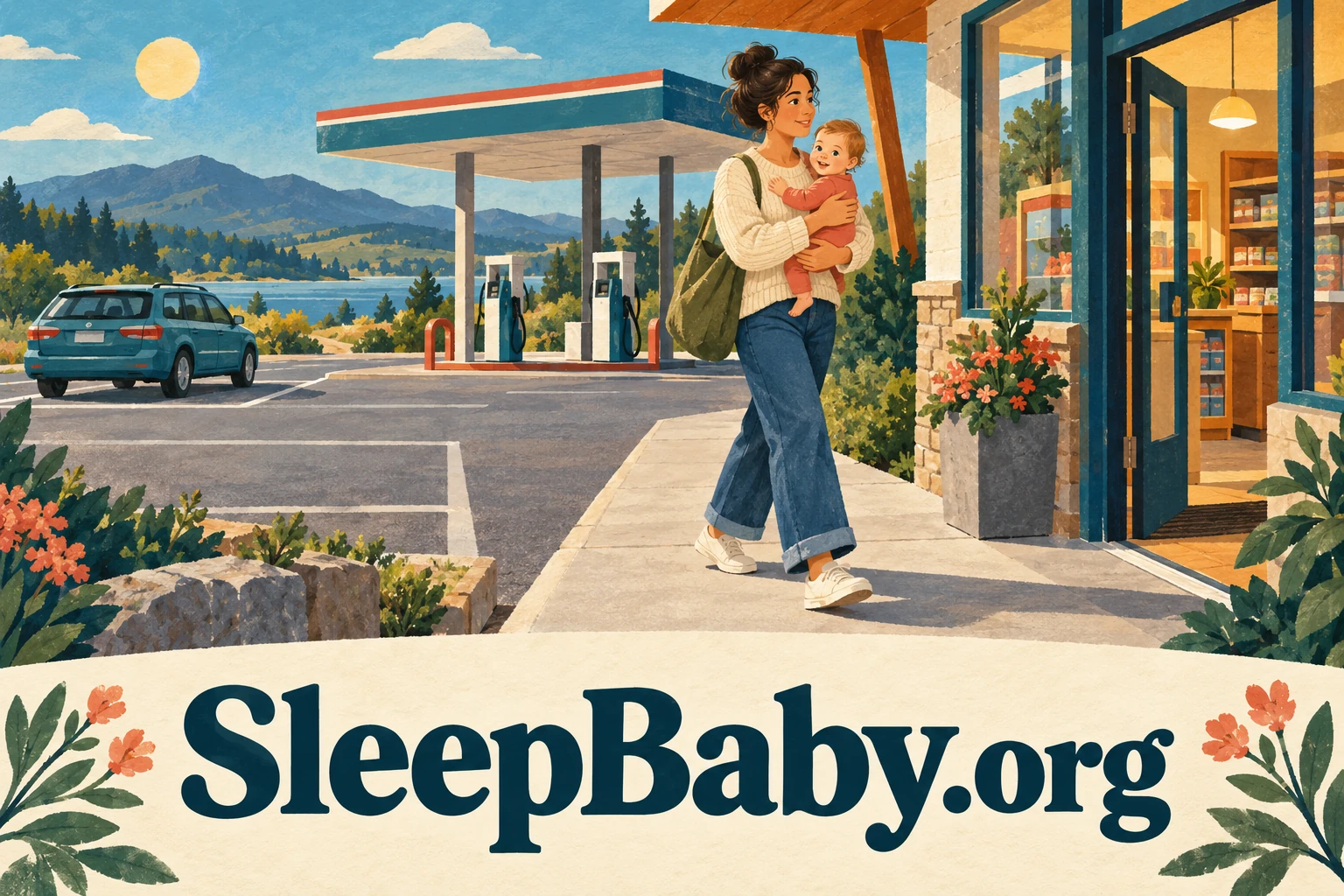 A parent holds an awake baby while walking along a sidewalk toward a gas-station shop.
