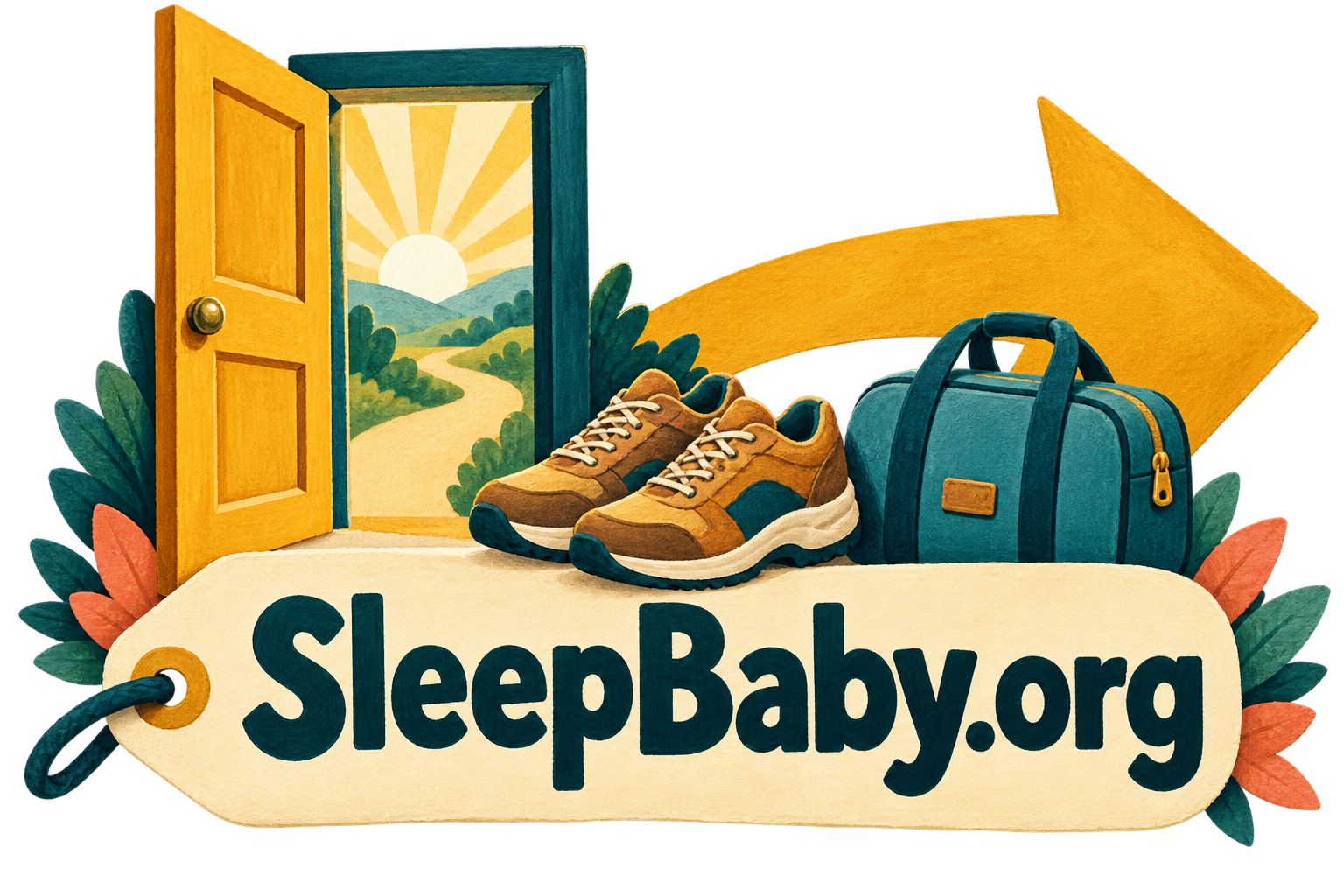 An open doorway, walking shoes, travel bag and arrow sit behind a cream branded tag.