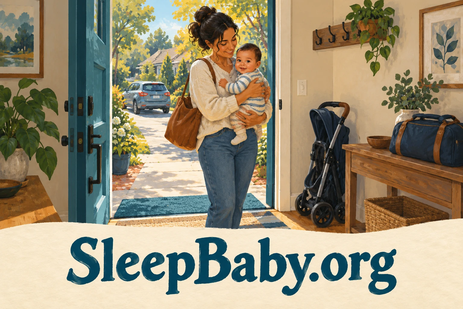 A parent carries an awake baby into a home after a drive.