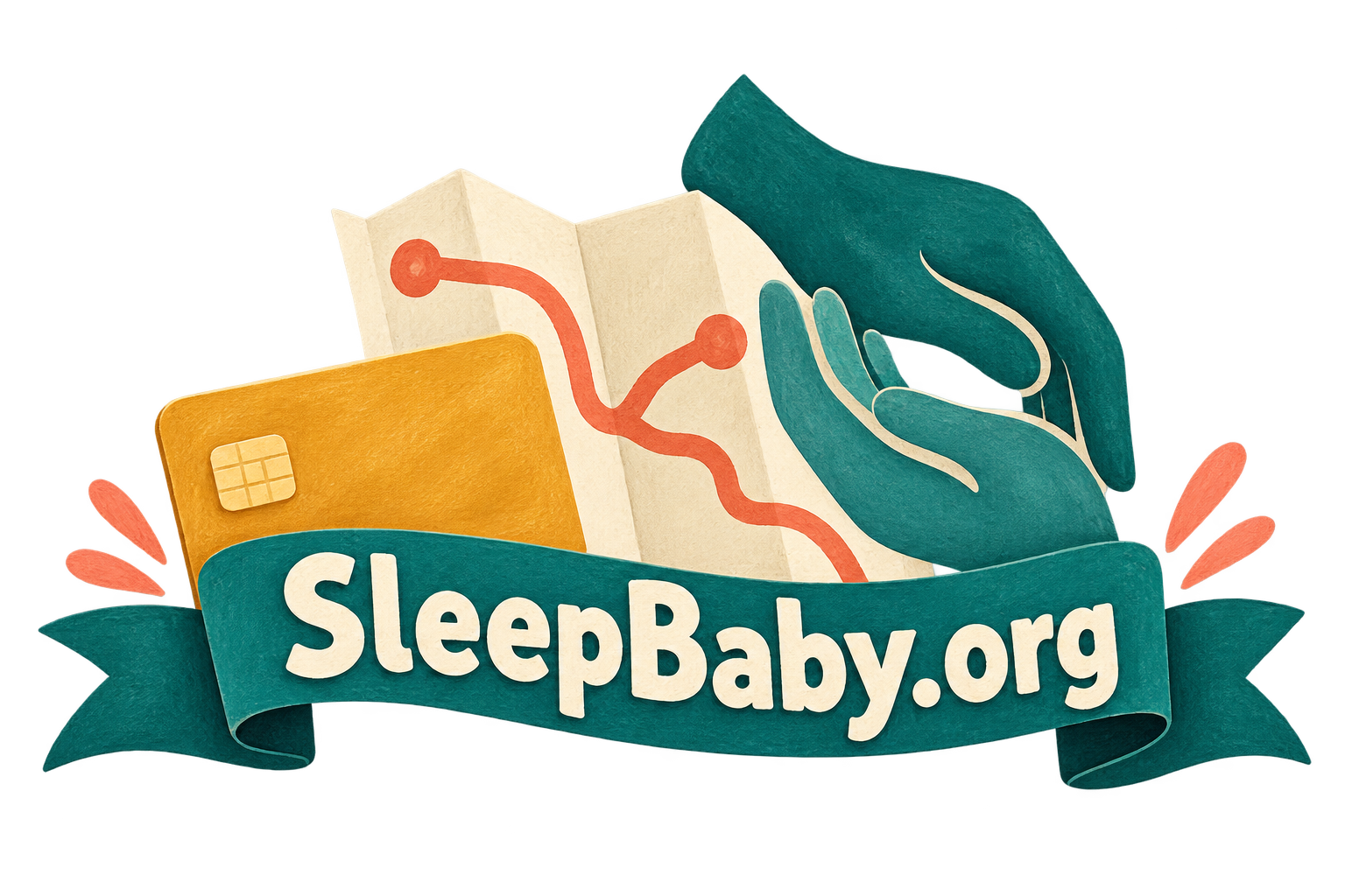A payment card, folded map and symbolic hands rise behind a teal branded ribbon.