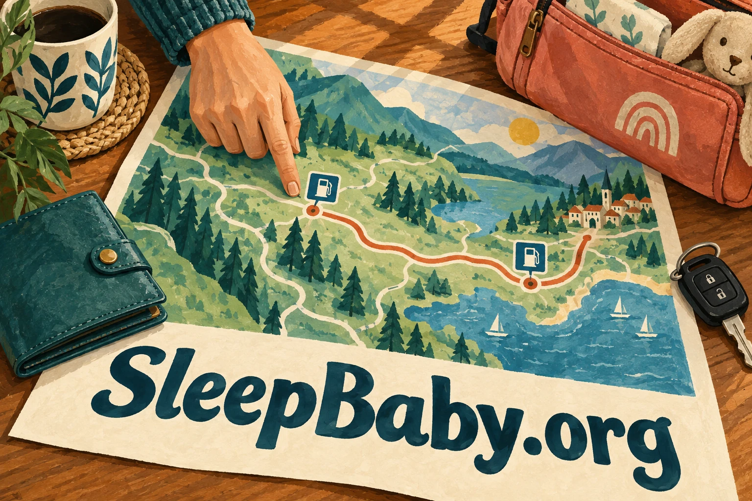 An adult points at a paper route map beside a wallet, car keys and a travel bag.