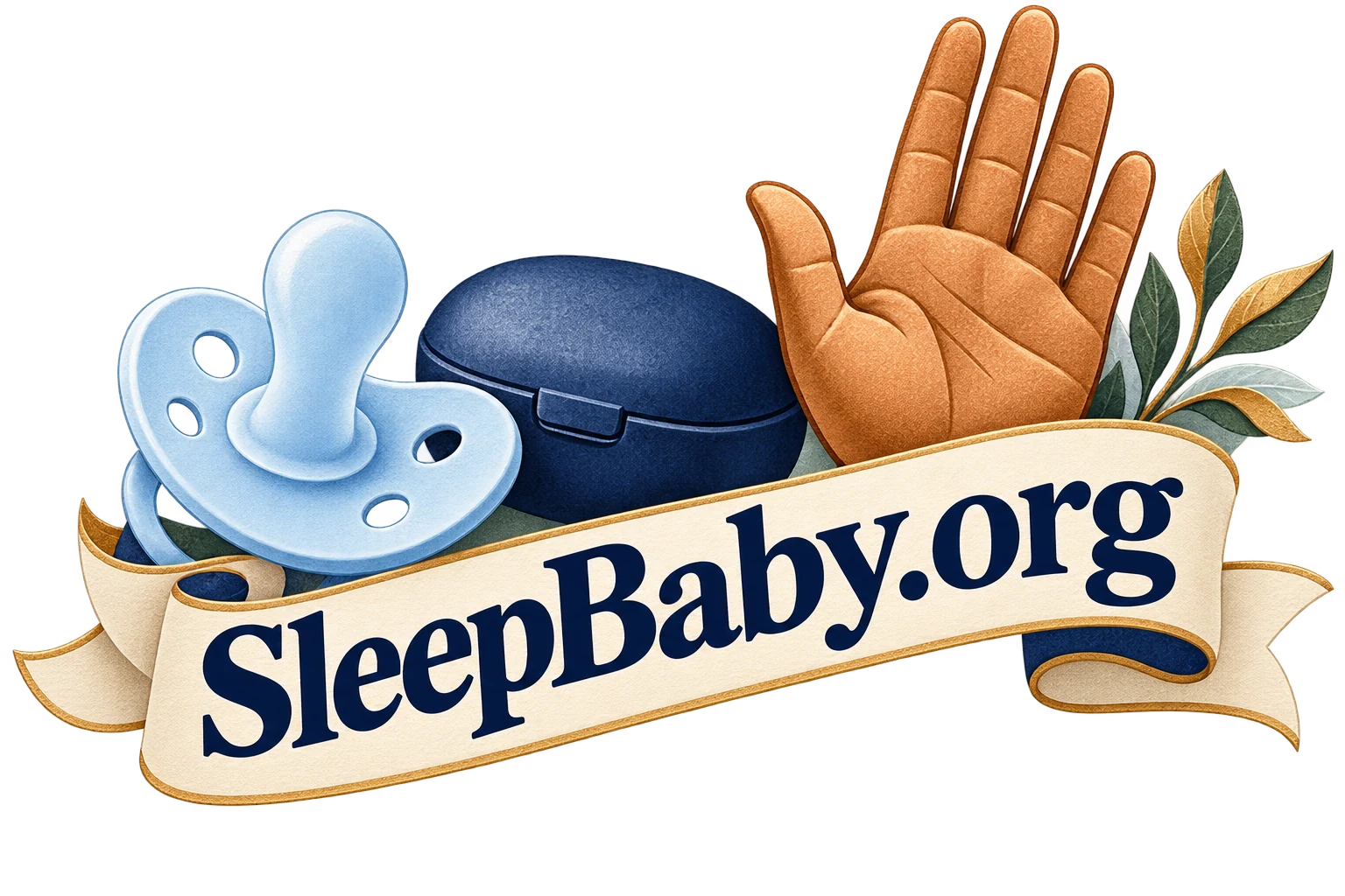 A symbolic pacifier, case and raised hand above a SleepBaby.org ribbon.