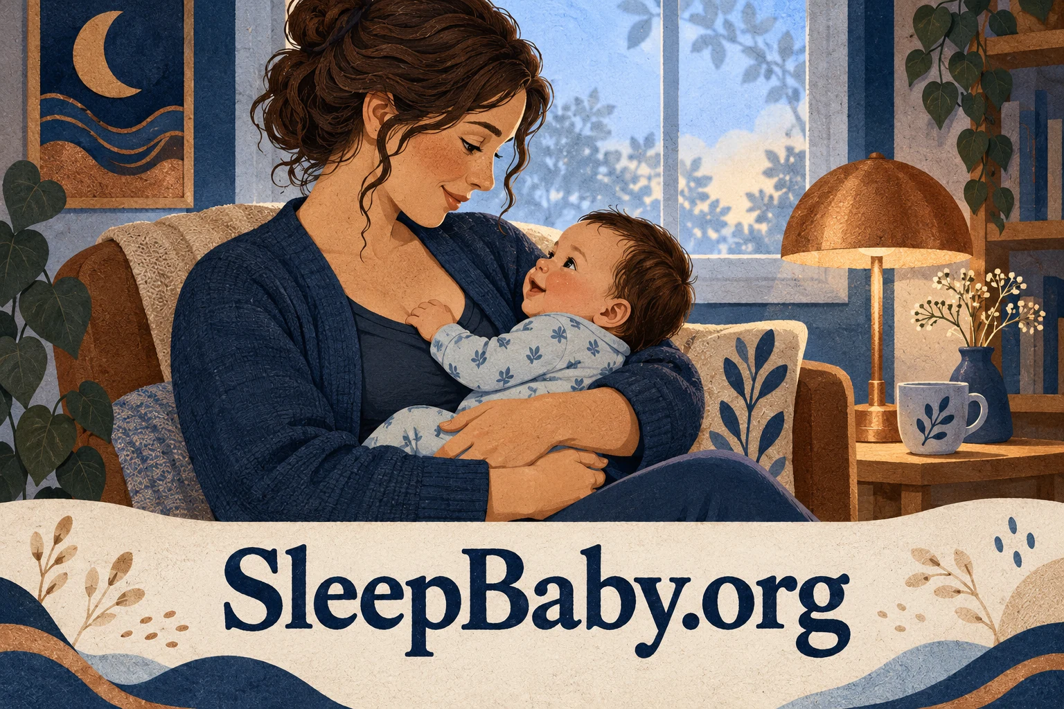An alert parent securely holds an awake baby close, above SleepBaby.org lettering.