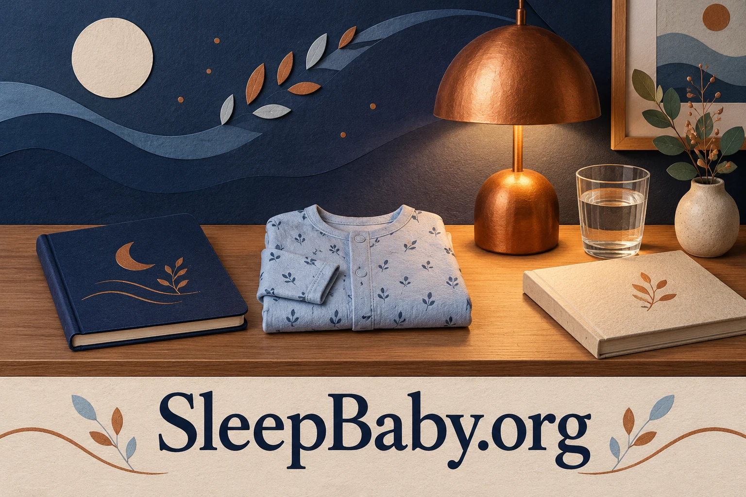 Pajamas, notebooks, water and a lamp above SleepBaby.org lettering.