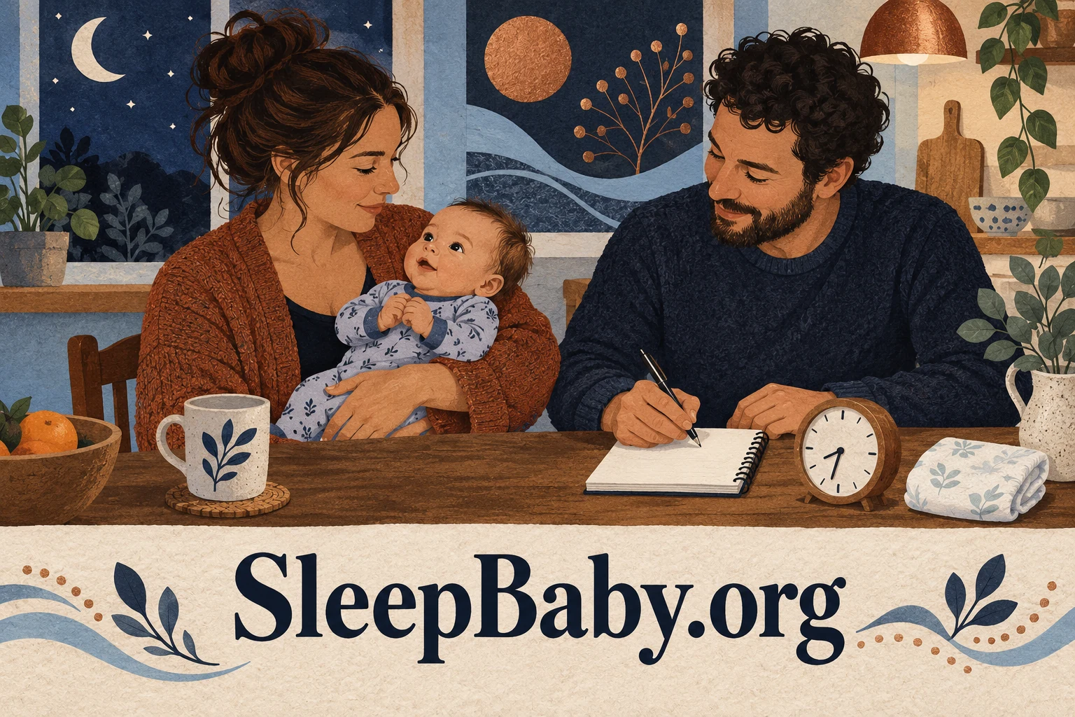 Caregivers hold an awake baby and make notes beside a clock, with SleepBaby.org lettering.