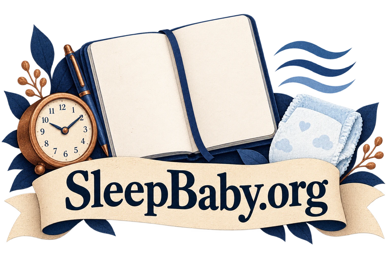 Notebook, clock and nappy above a SleepBaby.org ribbon.