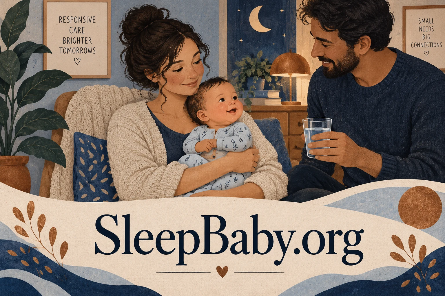 An alert caregiver holds an awake baby while another brings water, above SleepBaby.org lettering.