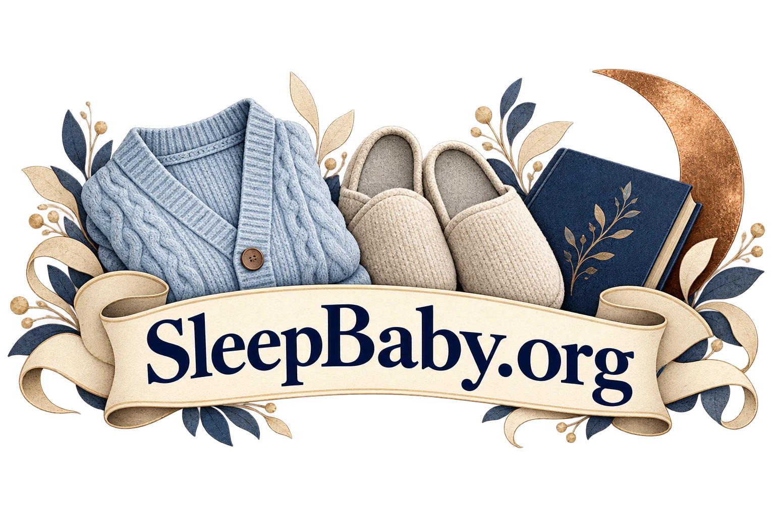 Cardigan, slippers, book and moon above a SleepBaby.org ribbon.