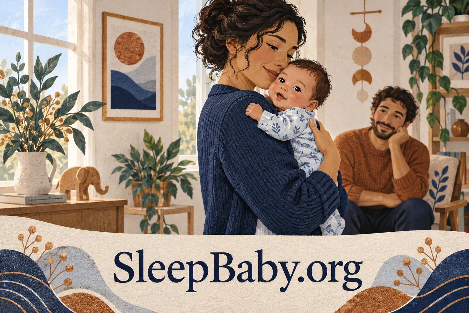 An awake baby is held upright by an alert caregiver while another adult looks on, with SleepBaby.org lettering.