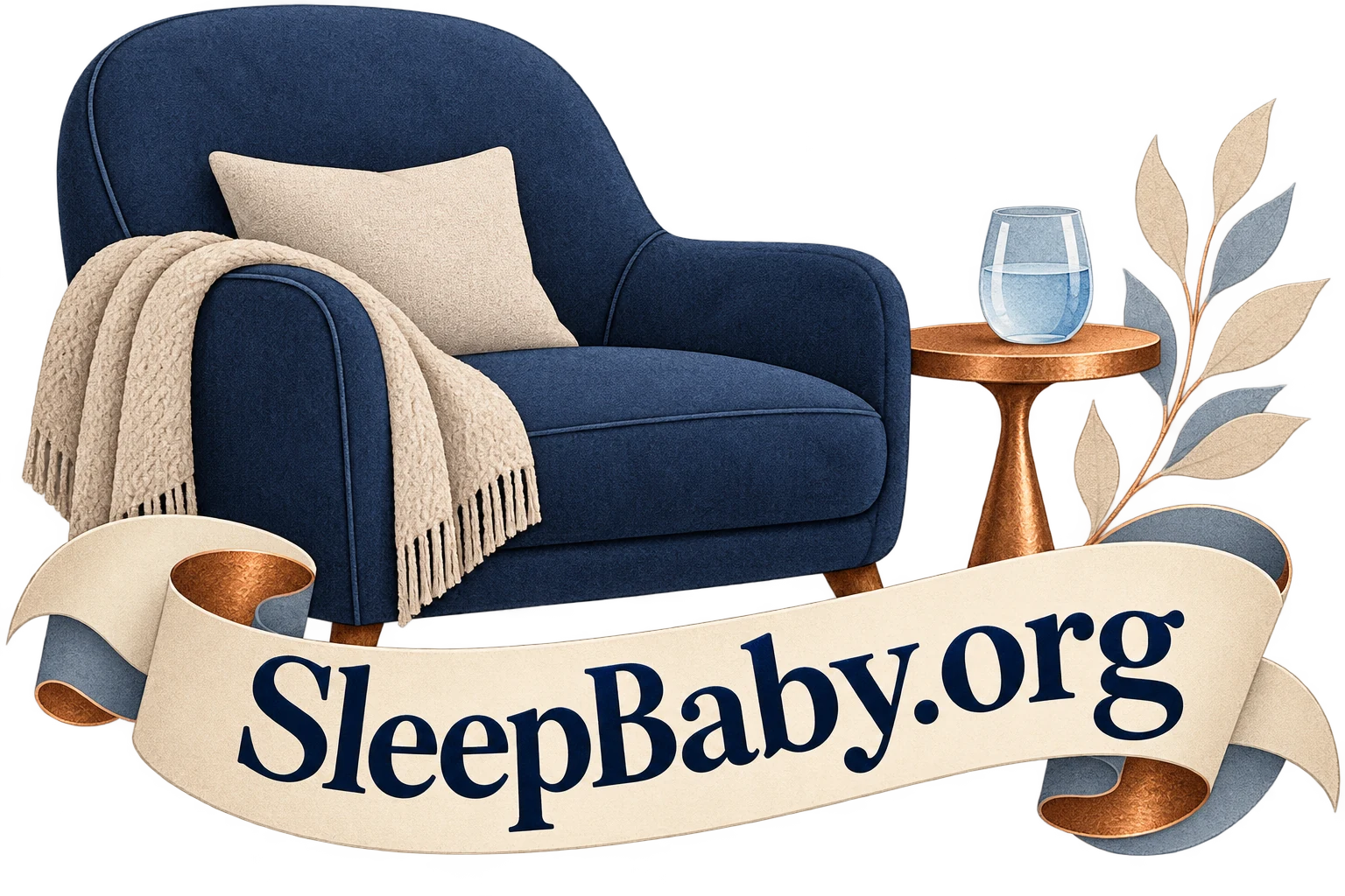 An empty adult chair and water glass above a SleepBaby.org ribbon.