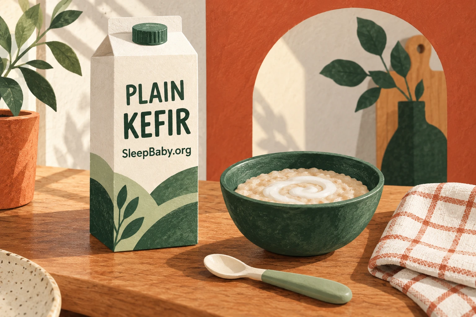 A cream kefir carton beside porridge with a white swirl and a small spoon.