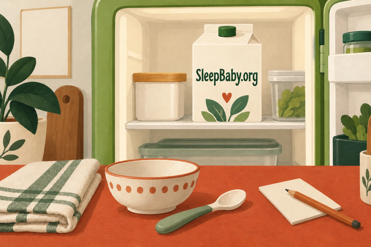 A closed cream carton sits inside a refrigerator; a clean bowl and spoon are on the counter.