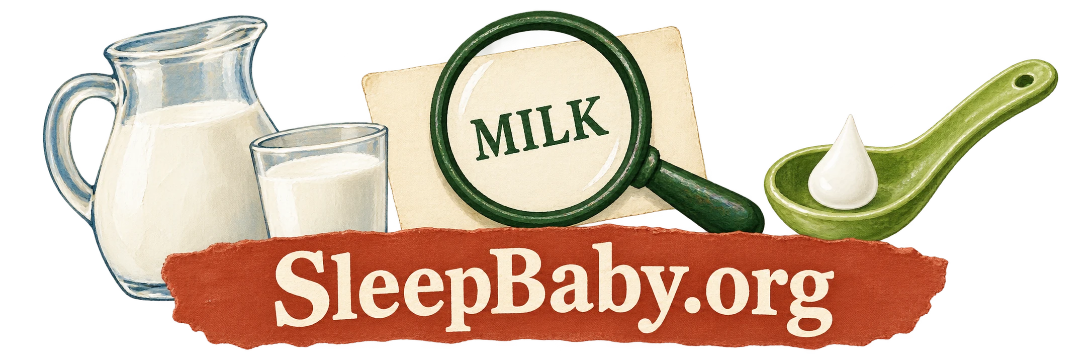 Milk containers, a magnifier over a milk label and a small spoon on a transparent background.