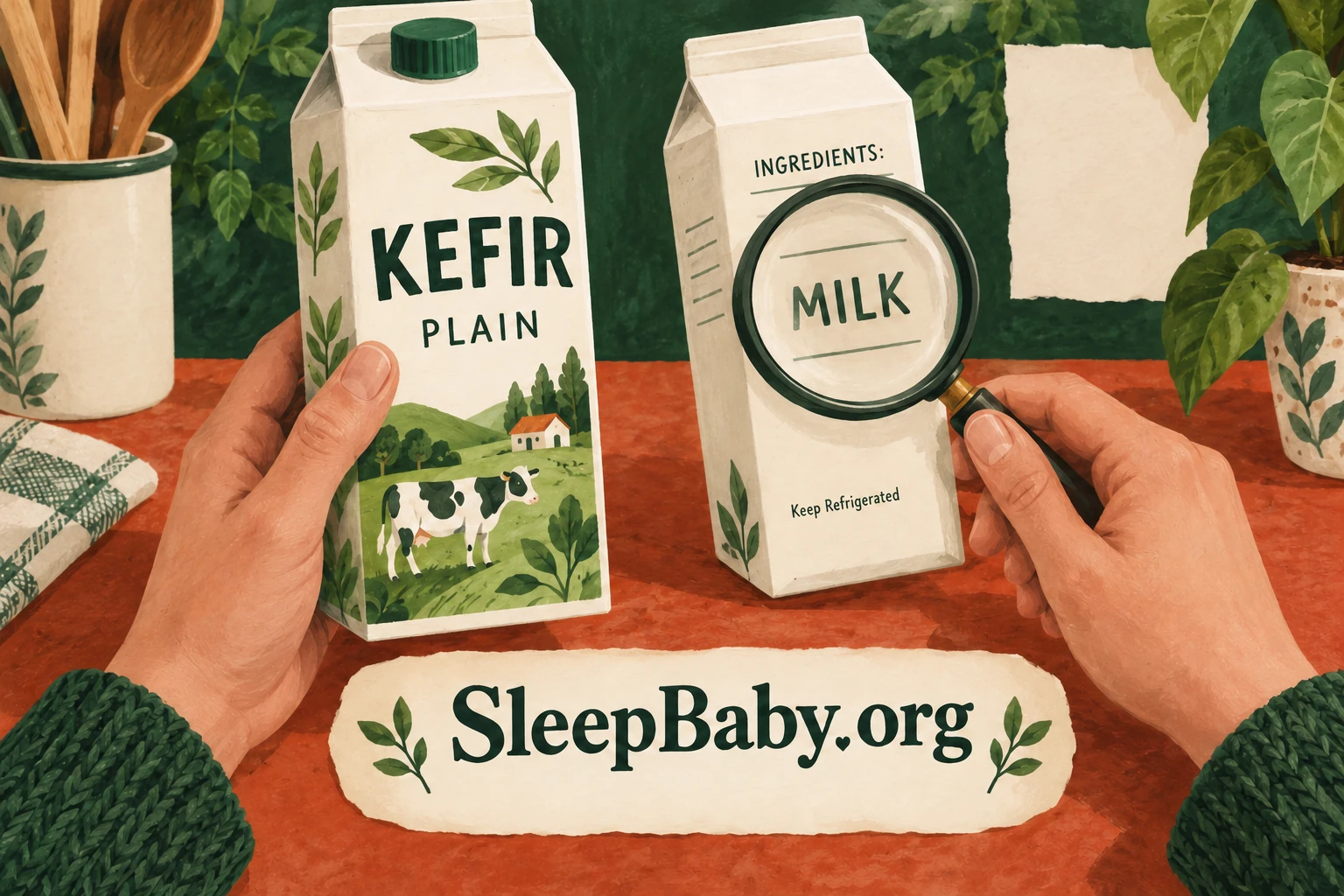 Hands hold a plain kefir carton and a magnifying glass over the word milk.