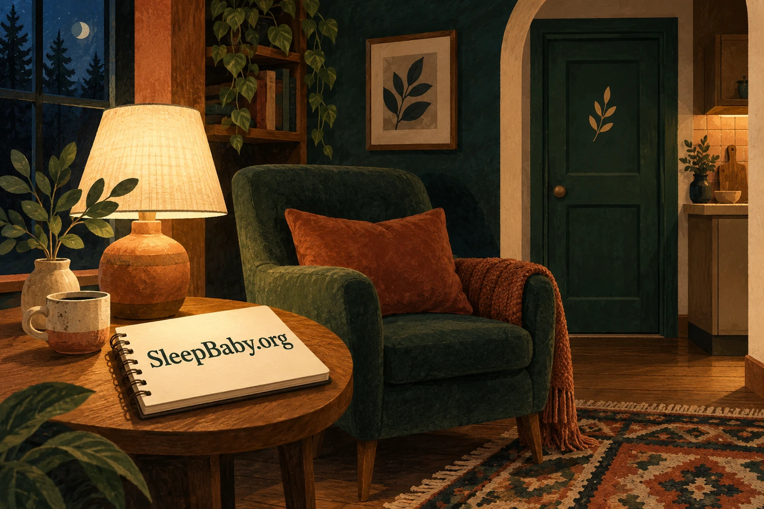 A lamp lights a notebook beside an empty armchair and a closed kitchen door.