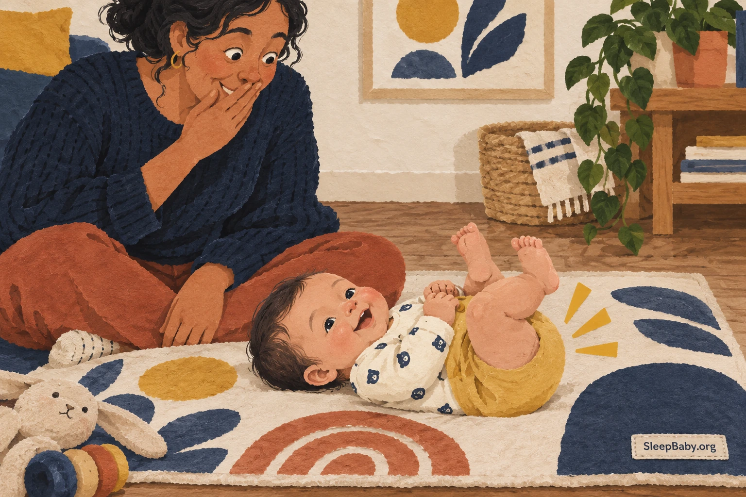 An alert baby lying on a floor mat beside a caregiver, with small illustrated sound marks near the diaper.