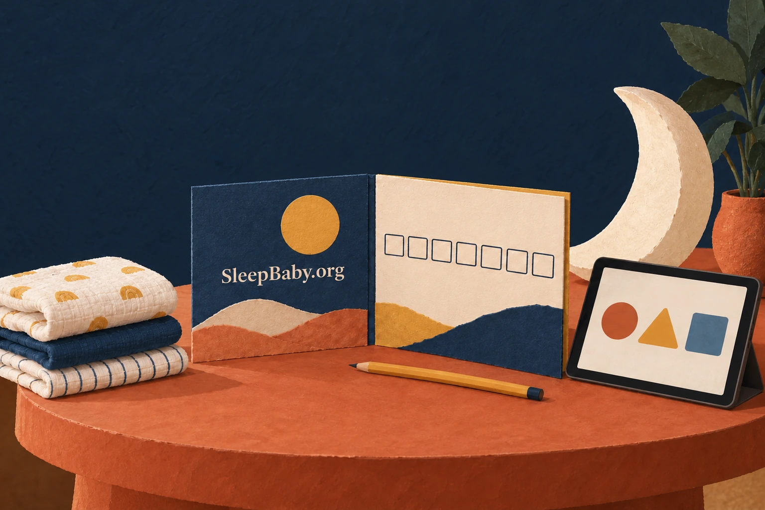 A sleep-planning folio, seven-box tracker, tablet and folded feeding cloths on a terracotta table.