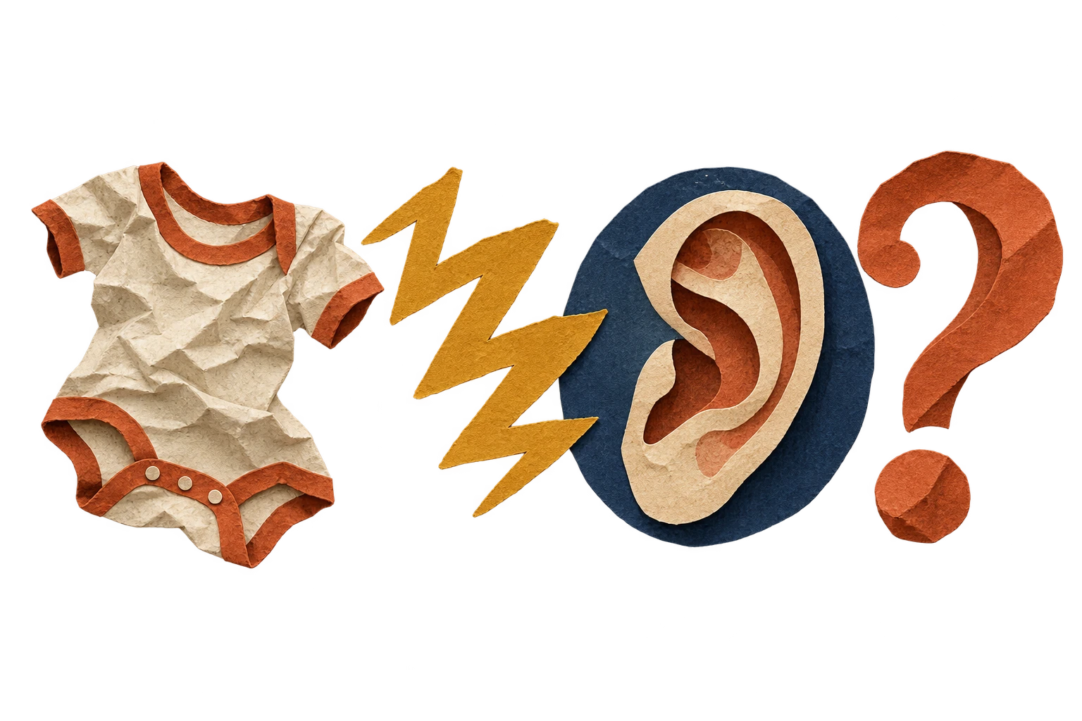 Cut-paper onesie, sound marks, listening ear and question mark.