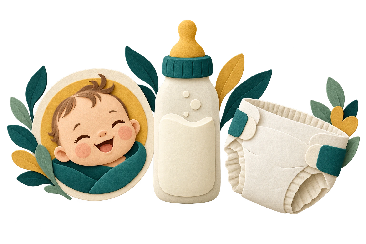 Cut-paper baby face, milk bottle and diaper in a rounded arrangement.