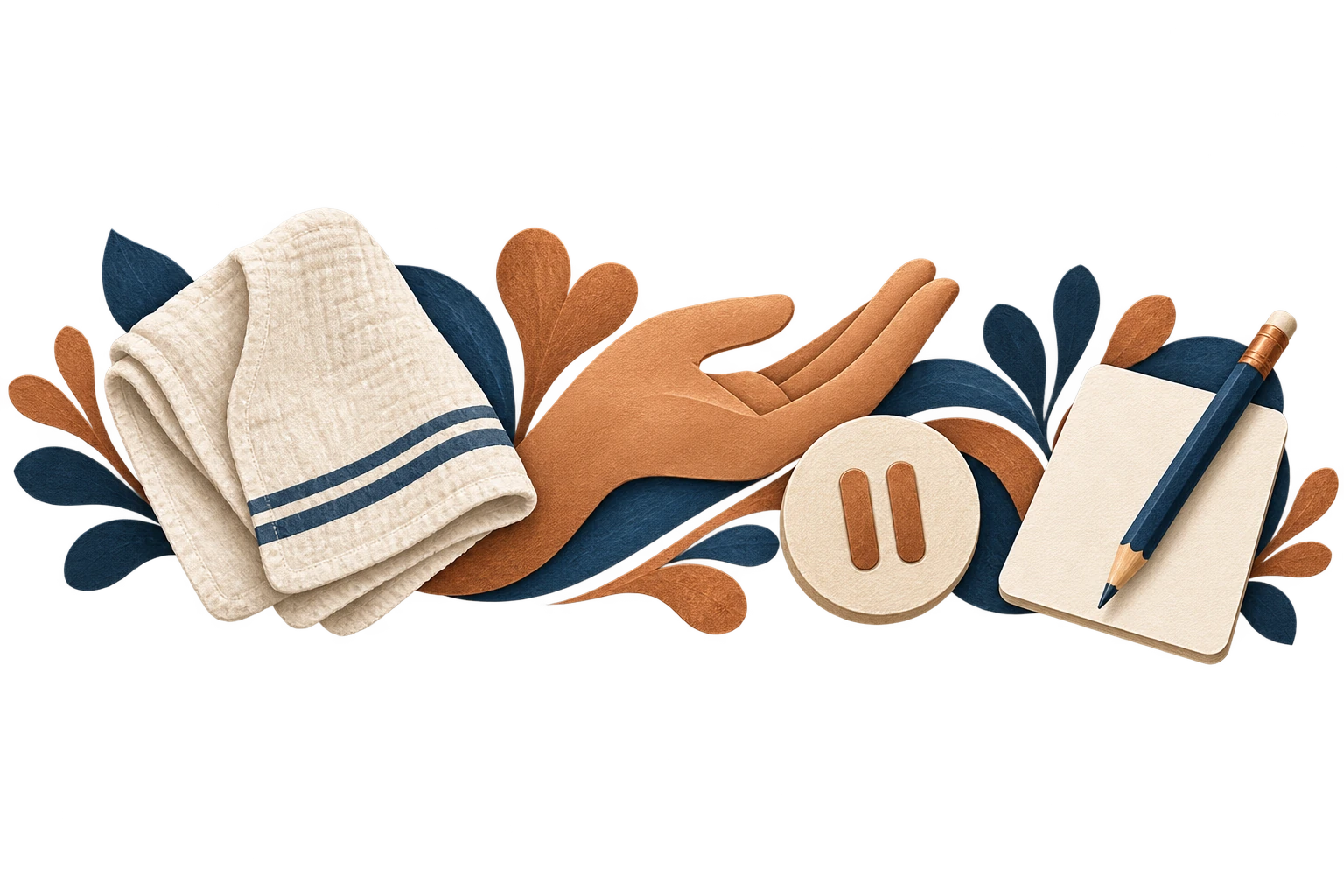 Cut-paper burp cloth, supporting hand, pause symbol and observation note.