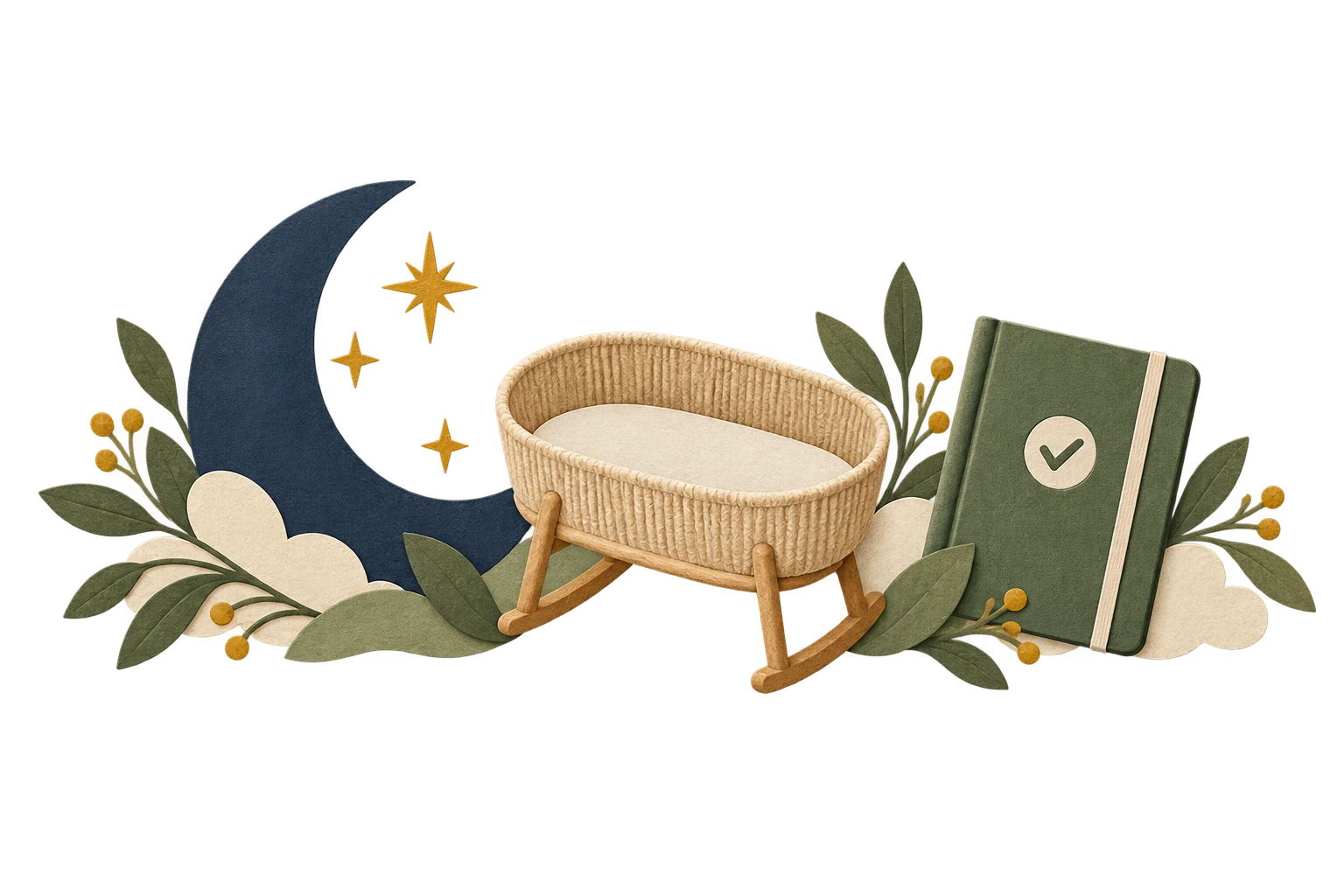 Cut-paper moon, empty bassinet and closed notebook.