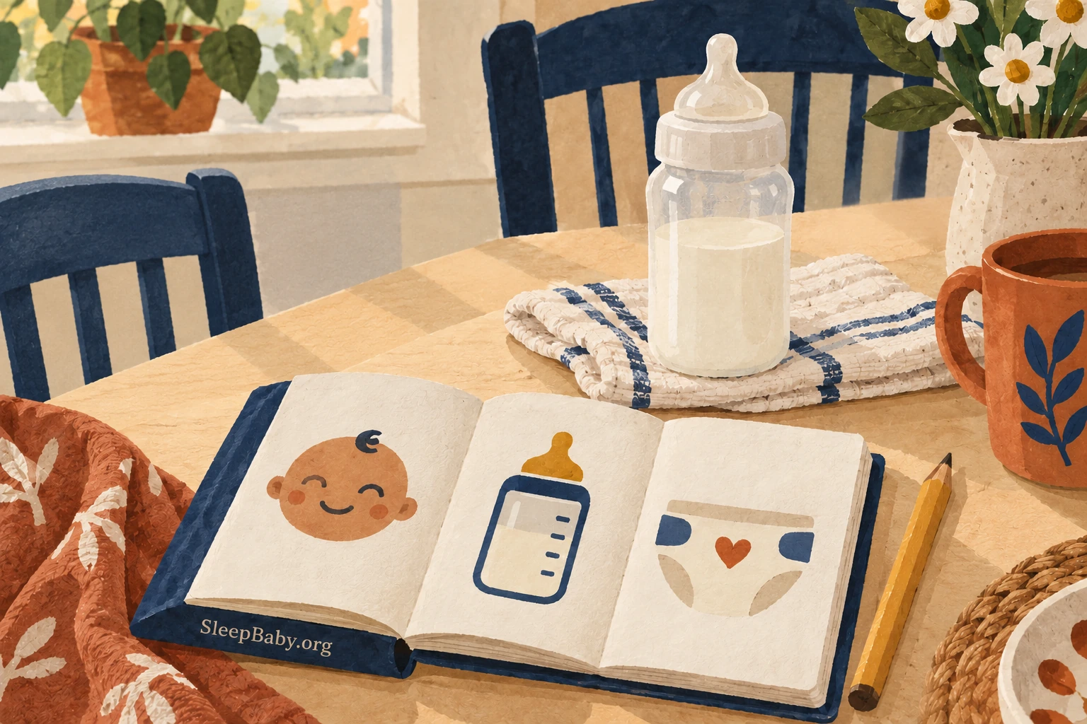 A feeding notebook with face, bottle and diaper symbols beside a milk bottle and folded cloth.