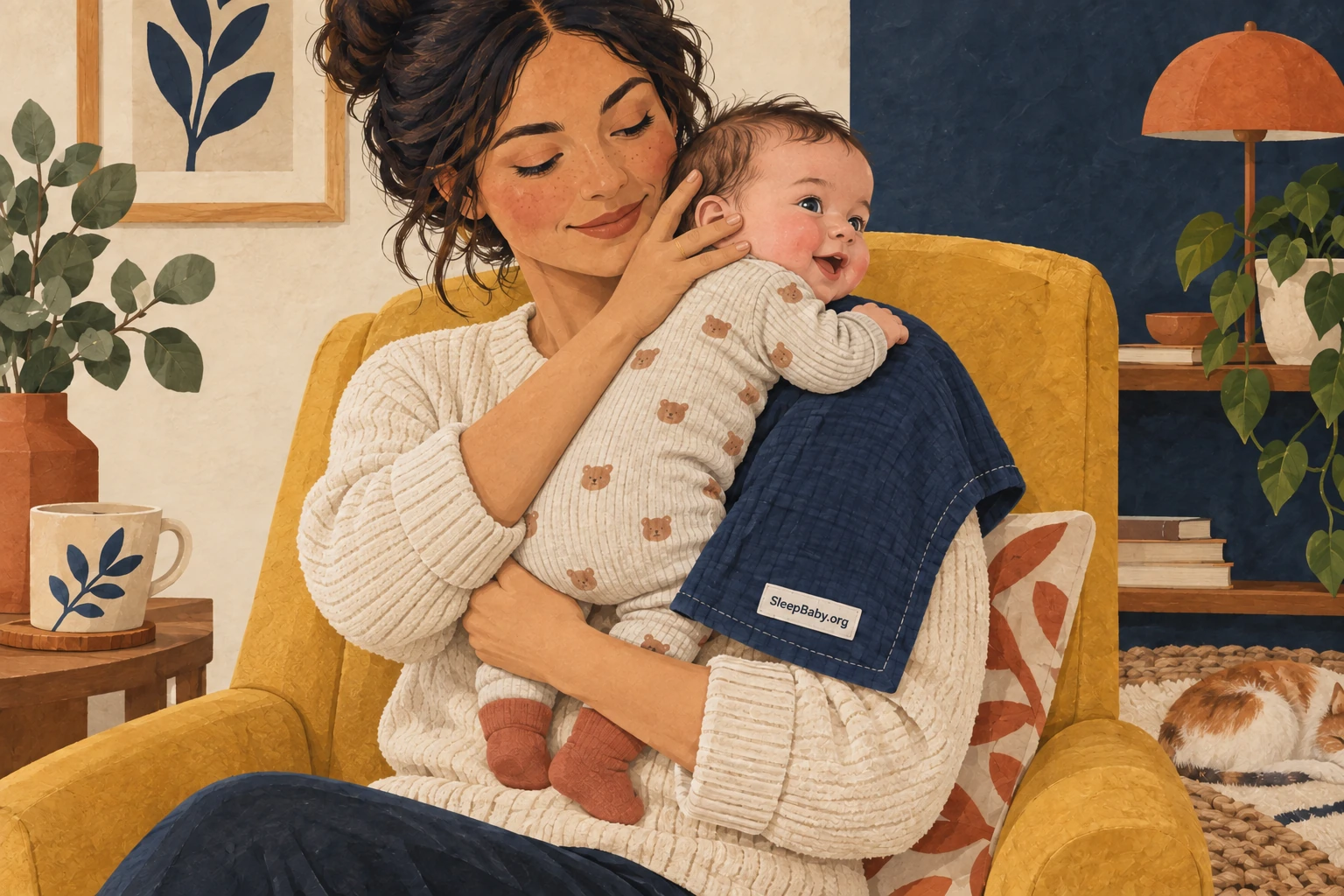 A caregiver holding an alert baby upright, supporting the head and body during a gentle burping break.