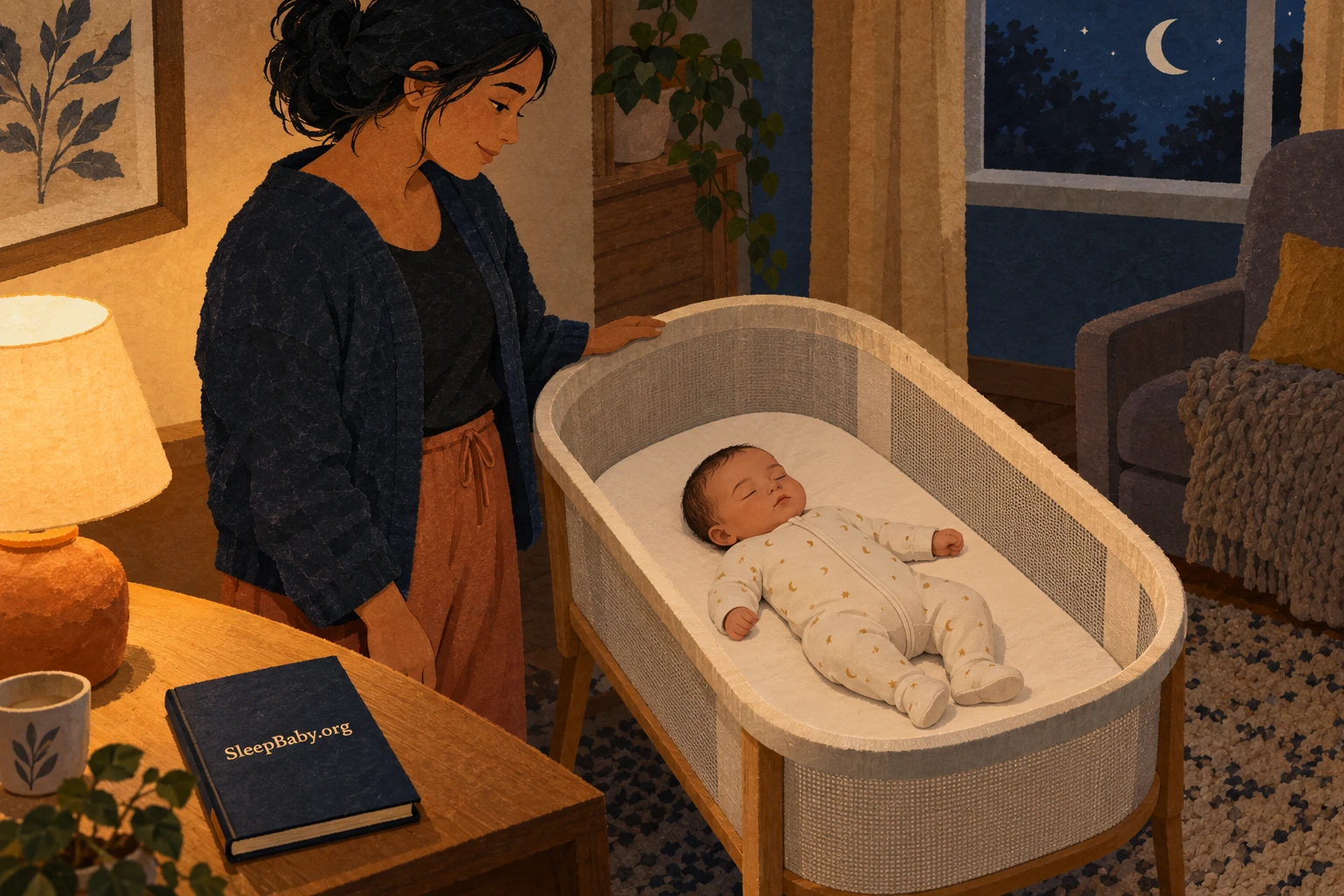 A baby on their back in an empty bassinet with a flat fitted mattress, with an awake caregiver standing nearby.