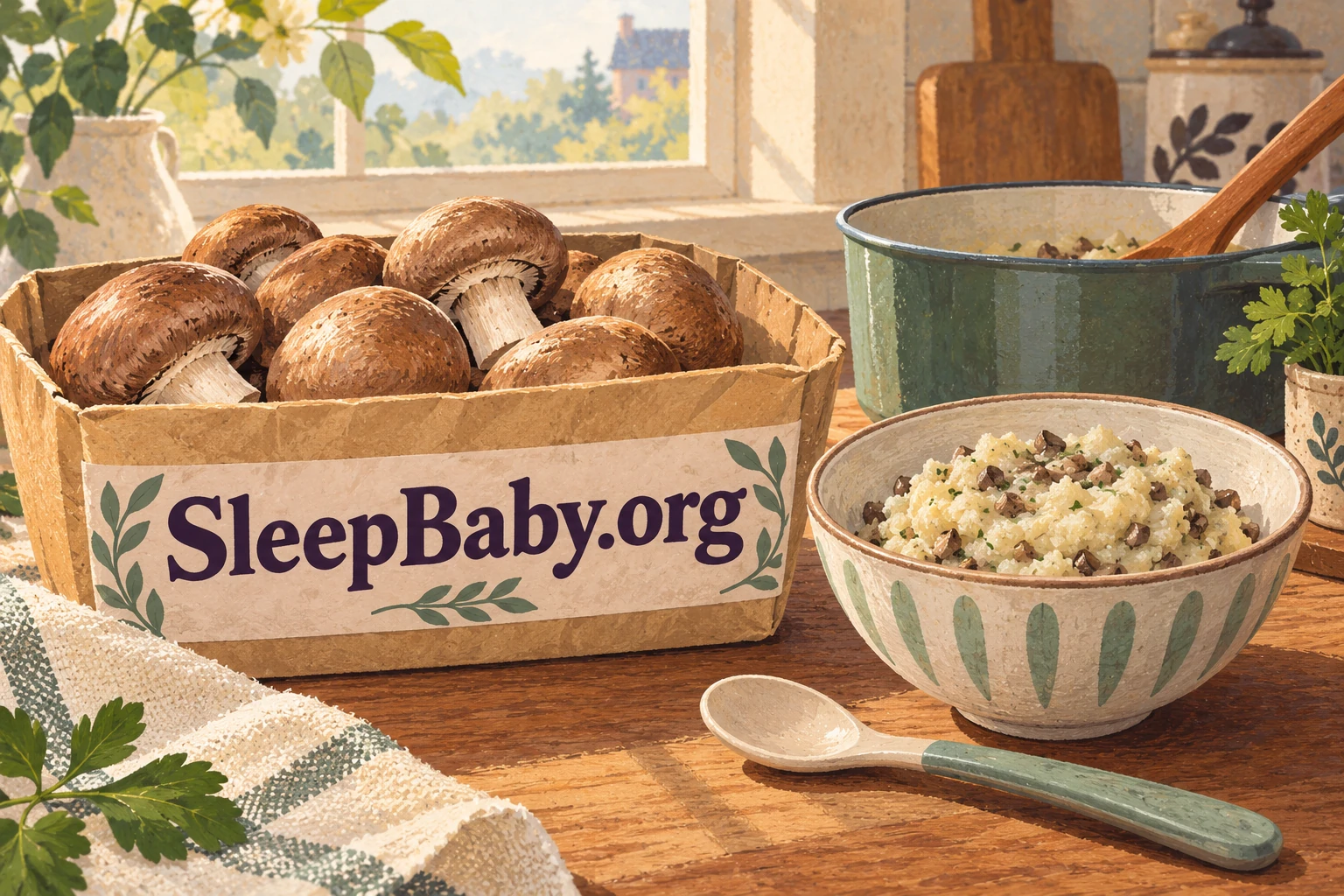 A labeled grocery punnet of cultivated mushrooms beside a small bowl of finely minced mushroom and potato mash.