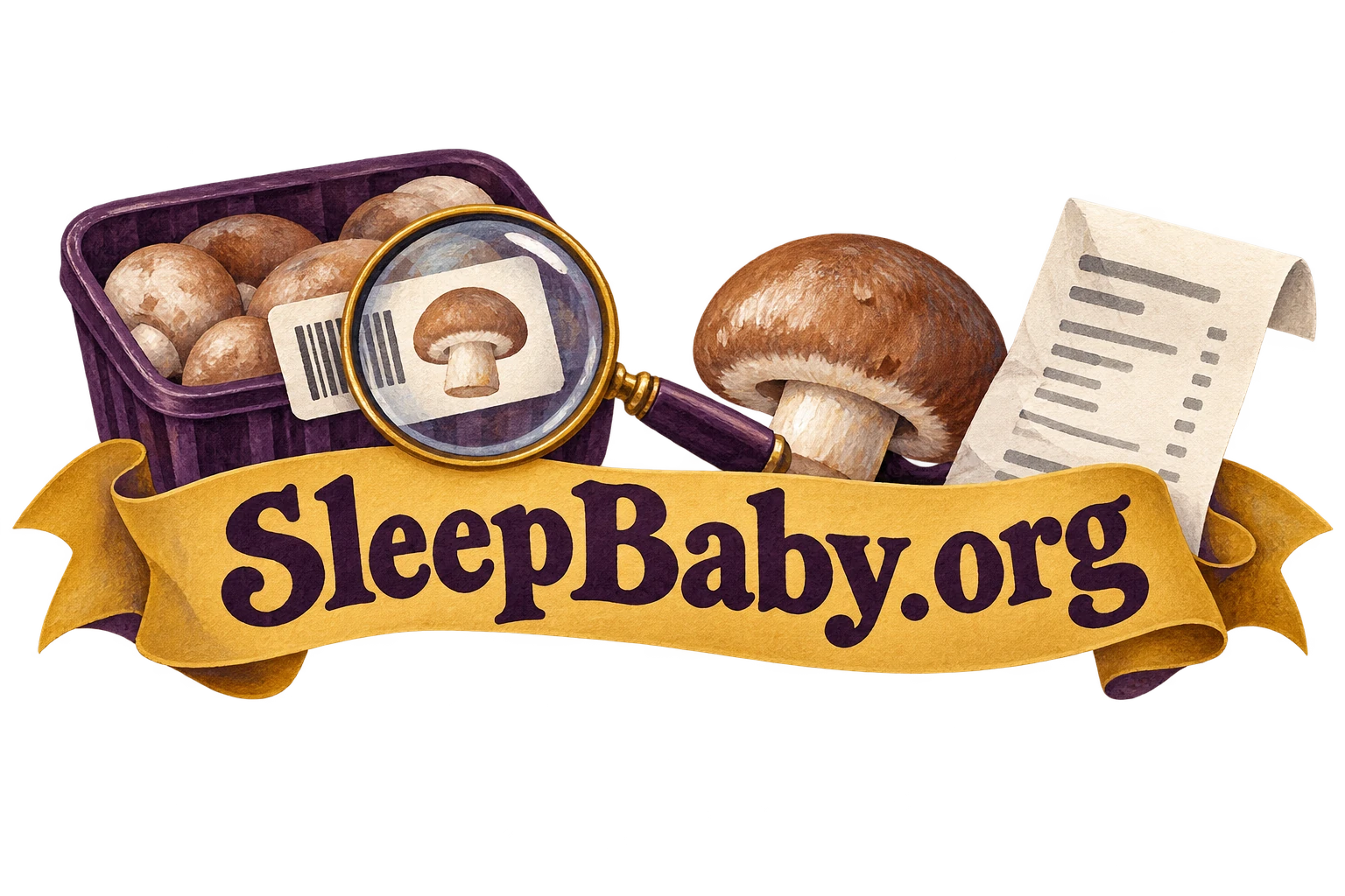 A grocery punnet, cultivated mushroom, magnifier and receipt above a branded ochre ribbon.