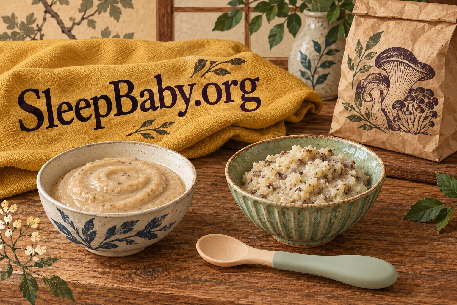 Two ceramic bowls hold smooth mushroom puree and thicker mushroom-potato mash beside an infant spoon.