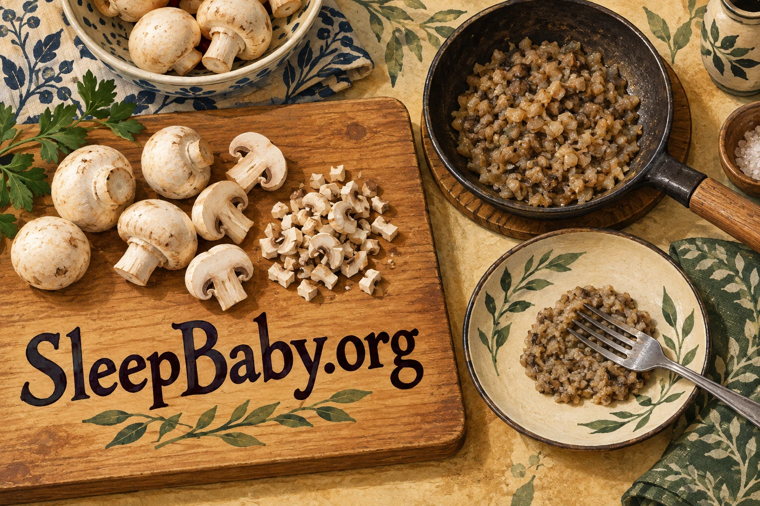 A chopping board, pan of cooked minced mushrooms and a fork pressing a soft portion on a plate.