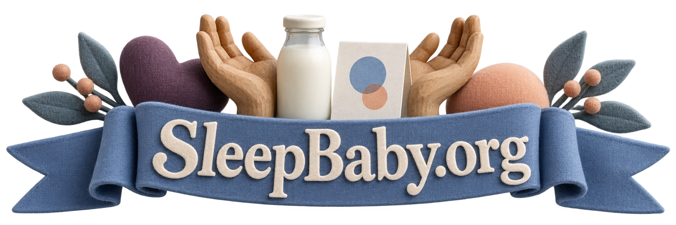 Carved open hands, a small capped milk bottle and an abstract card sit above a blue ribbon.