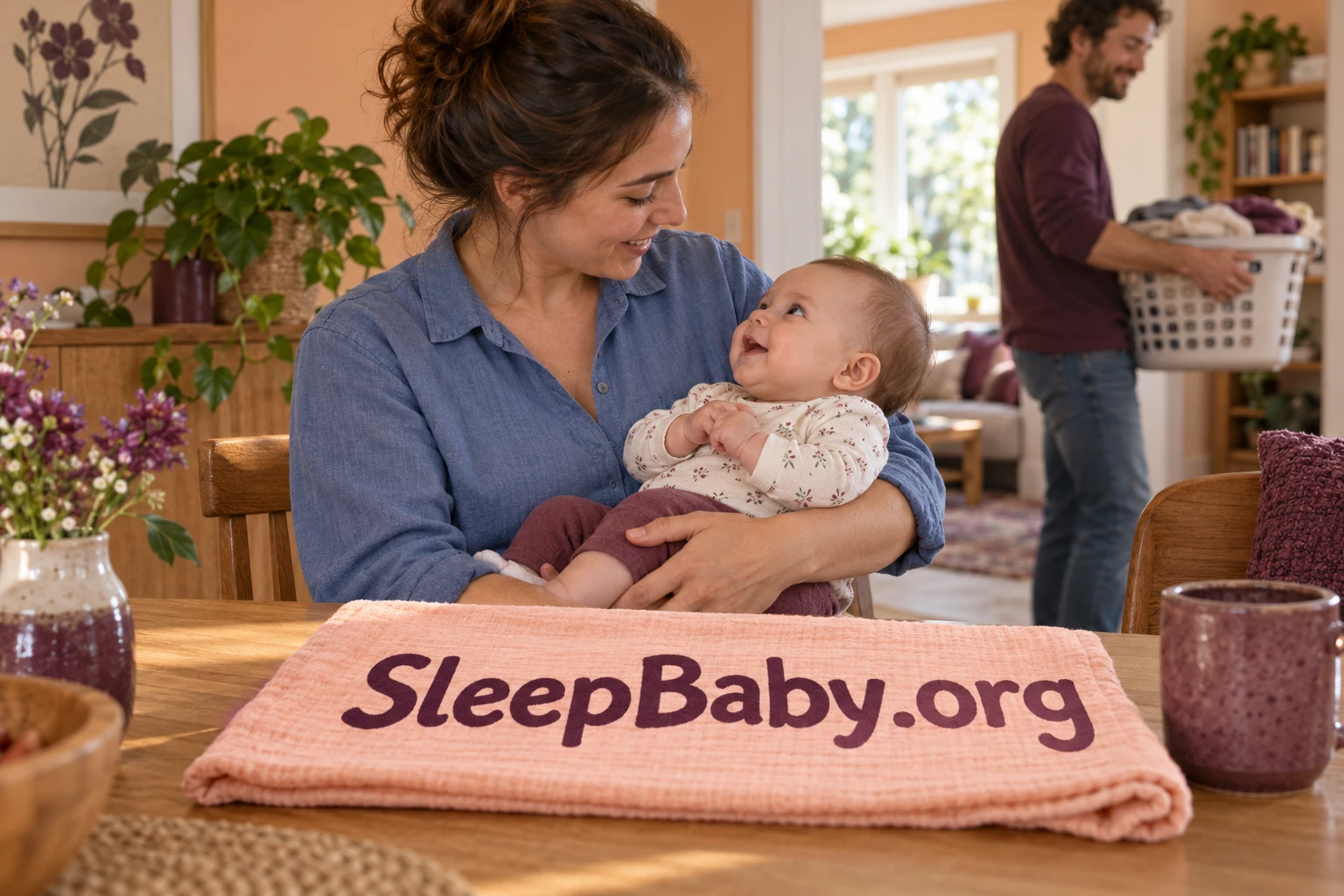 A parent holds an awake baby at a daytime table while another caregiver carries laundry away.
