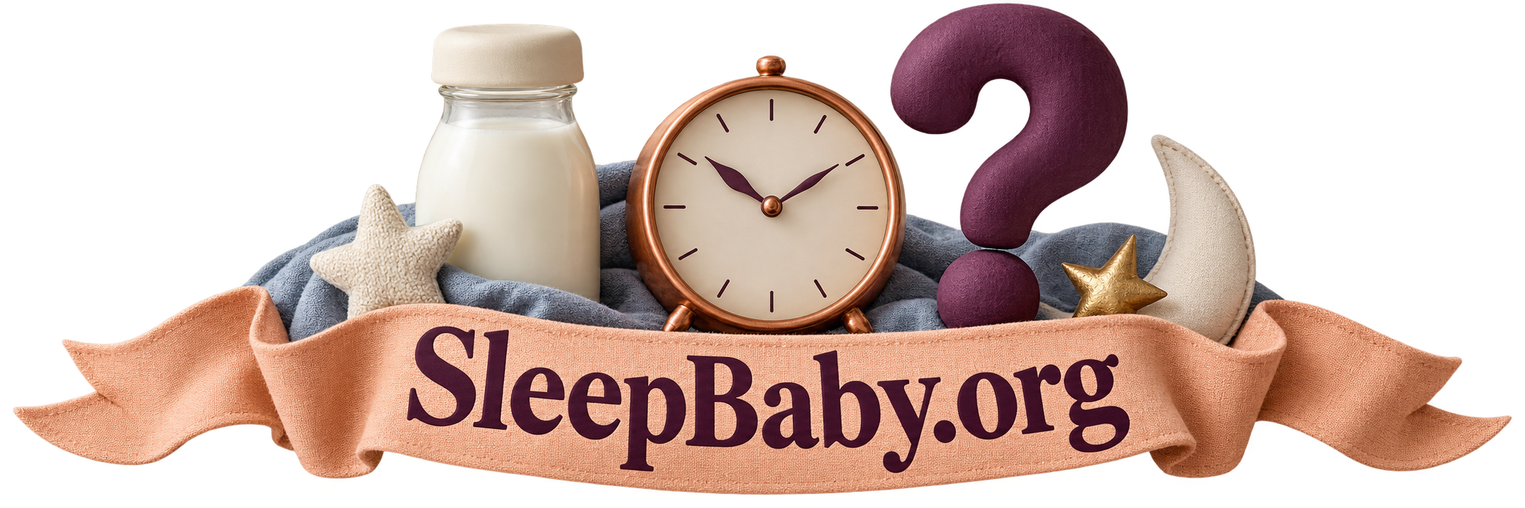 A capped milk bottle, unnumbered clock and plum question mark sit behind an apricot cloth ribbon.