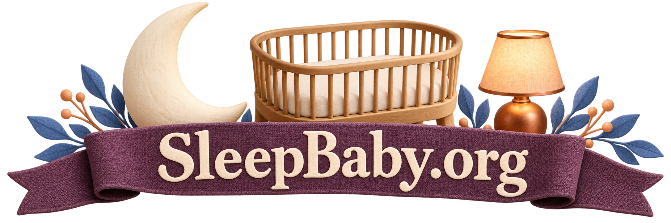 An empty miniature wooden bassinet, crescent moon and separate lamp sit behind a plum ribbon.