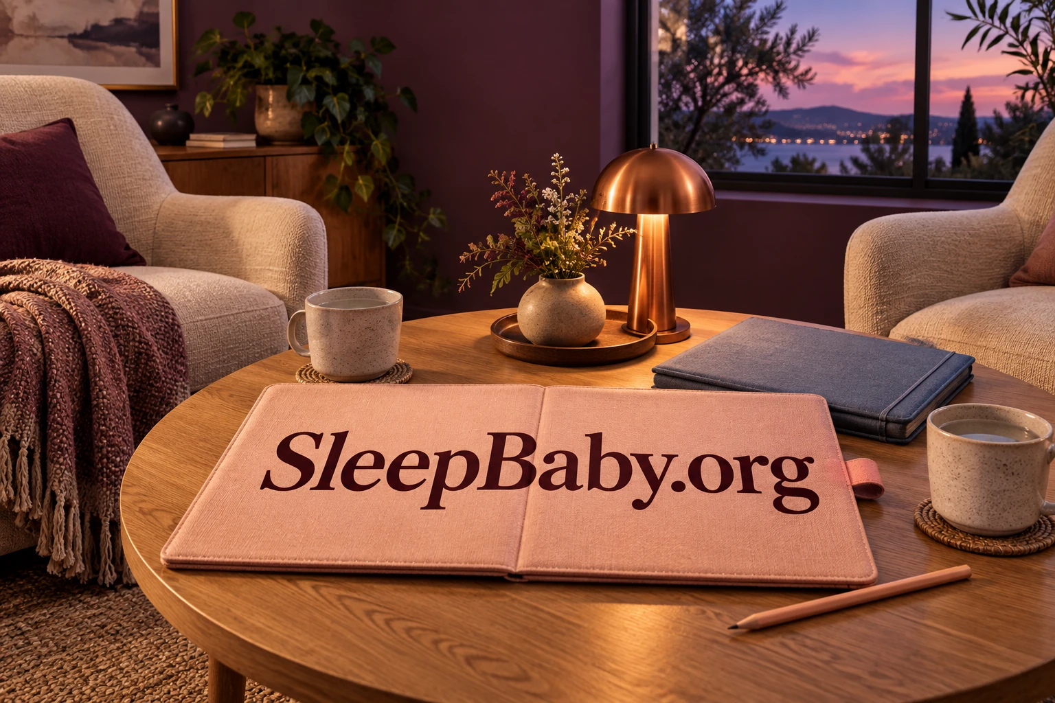 An apricot planning folio, two cups and a copper lamp sit between empty adult chairs at twilight.