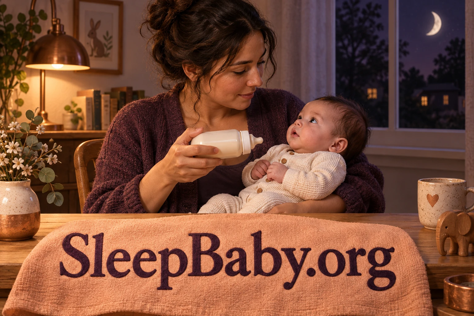 An alert parent supports an awake baby and pauses with a bottle before offering it.