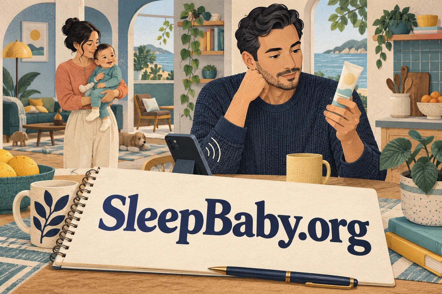 Adult reads a cream label beside a phone while another adult holds a clothed awake baby away from the medicine.