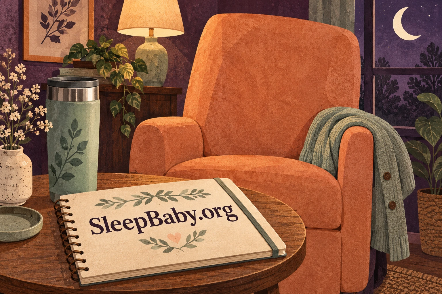 Empty adult feeding chair, cardigan, water, and notebook in an evening room.