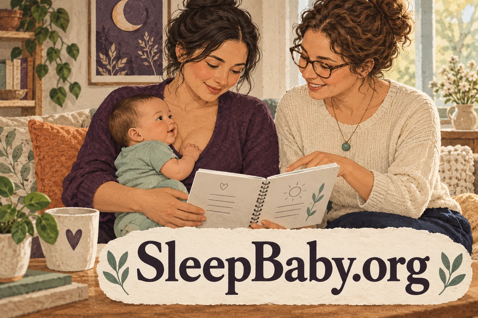 Parent holding a baby while discussing a notebook with a feeding professional.